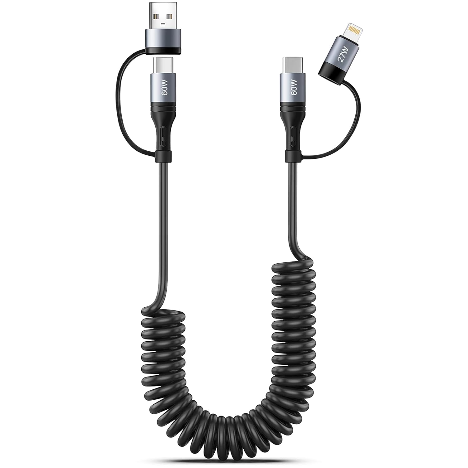 USB C Spiralkabel, 60W Kurzes USB auf USB C Kabel Schnellladekabel (40cm - 1,2m) USB C auf Lightning 4 in 1 Multi Ladekabel für iPhone 17 16 15 14 13 12 11 Pro Max X XS XR 8 7 6 Plus/Android Autokabel
