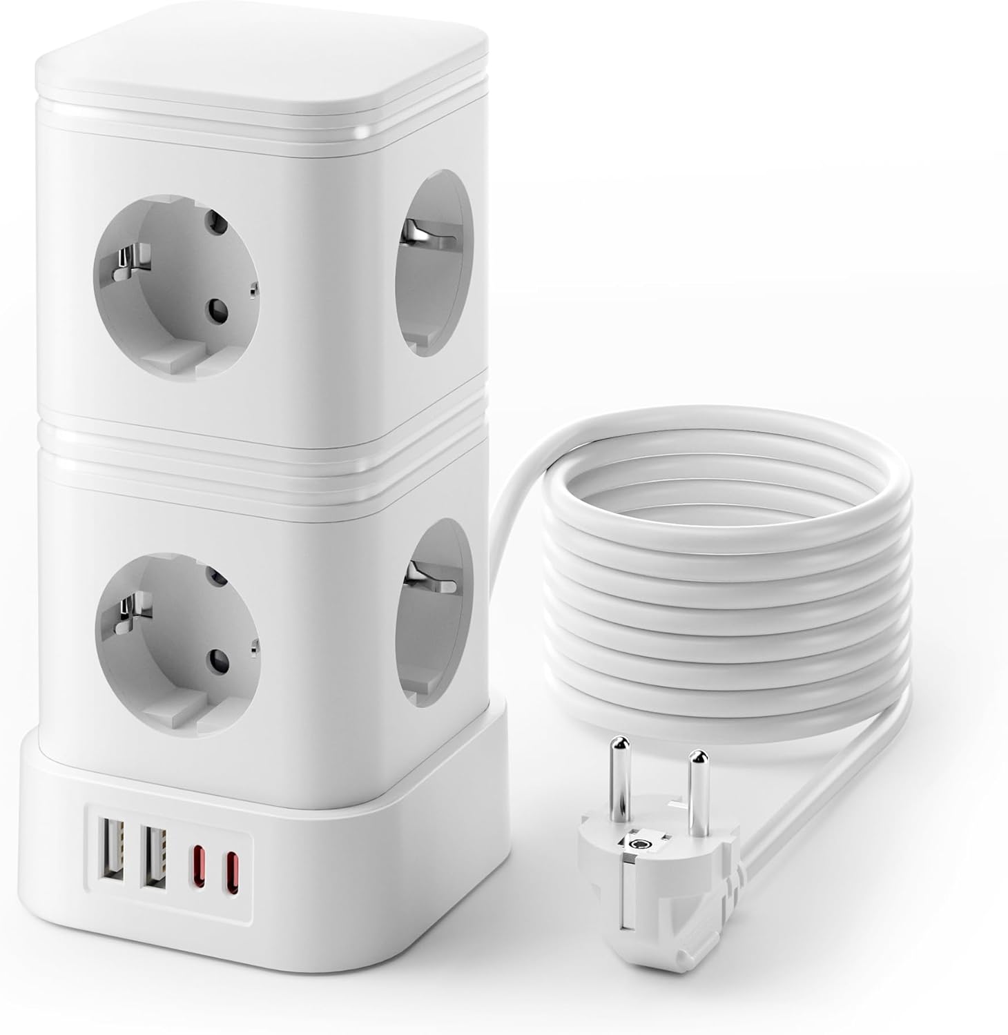 Mehrfachsteckdose Überspannungsschutz, 8-fach Mehrfachsteckdose mit PD 20W USB C, Steckdosenleiste mit Schalter, Steckdosenwürfel mit Verlängerungskabel 2m, 16A/3840W, Weiß