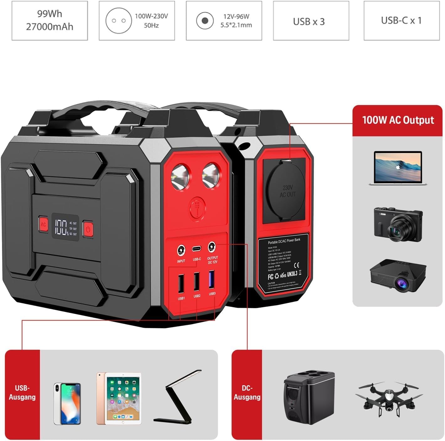 Powkey Solargenerator R100 mit 40 W Solarpanel, 99 Wh Batterie, tragbares Kraftwerk, 100 W AC/18 W USB-C-Ausgang, für Outdoor, netzunabhängig, Wohnmobil, Notfall – Bild 2