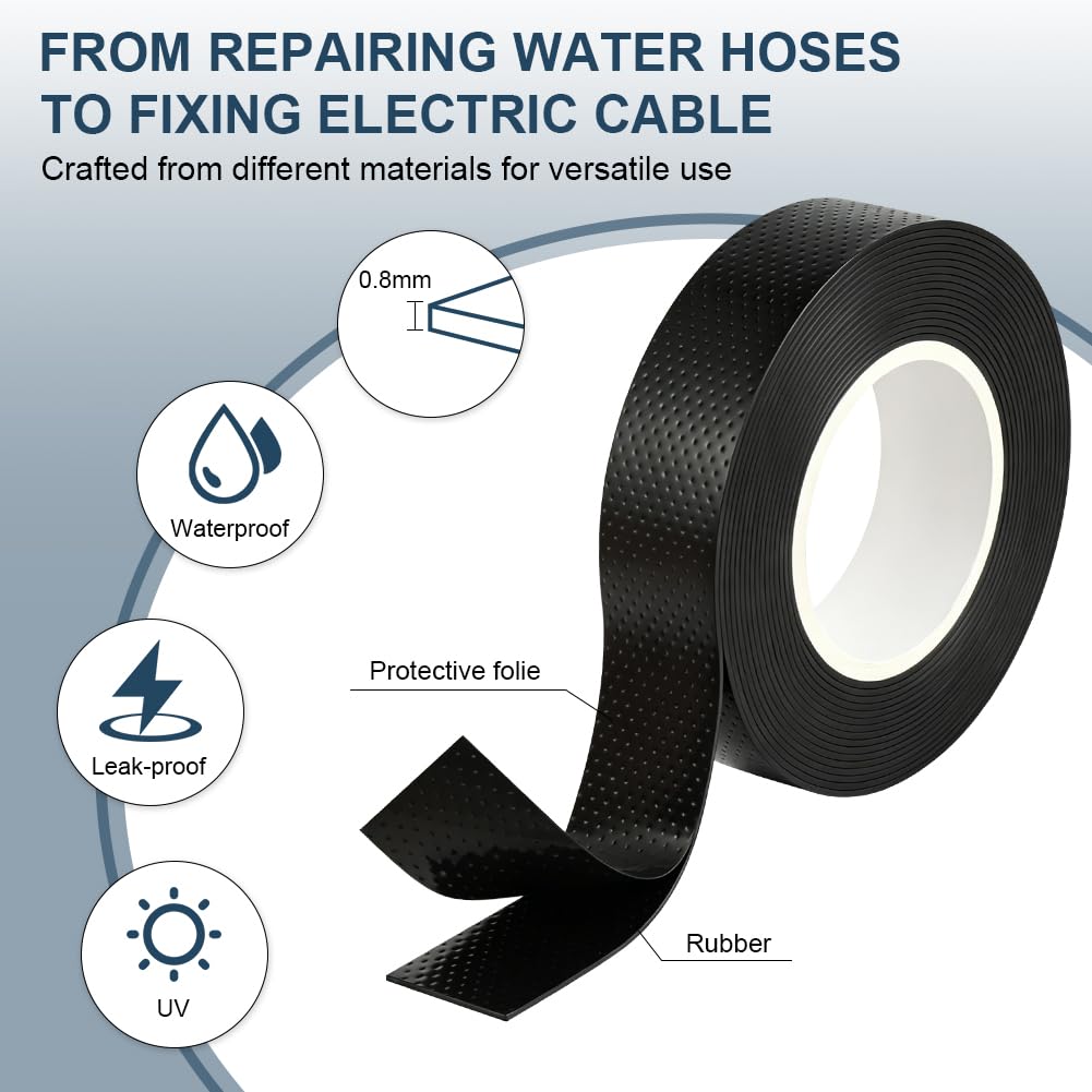 Selbstschweißendes Isolierband, universal, 4,5 m x 19 mm x 0,8 mm, wasserdichtes Gummiband, schwarz, elektrisches Isolierband, Reparatur, Reparaturband für Rohre, Kabelwerkzeug (2 Rollen) – Bild 3