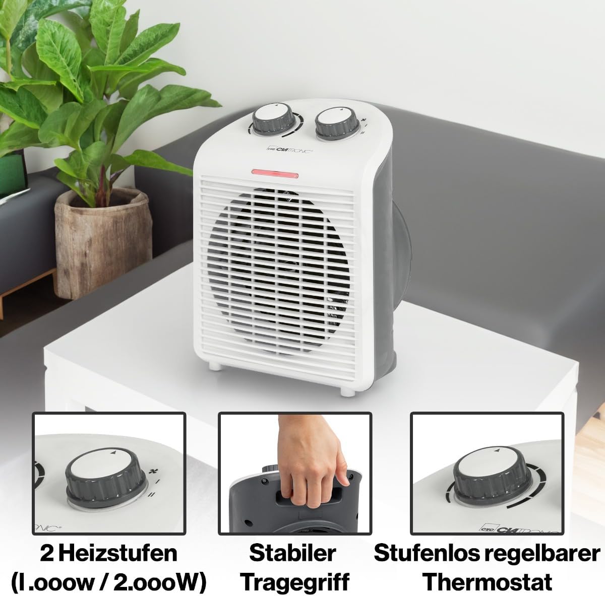 Clatronic® HL 3761 mobiler und kompakter Heizlüfter, 2000 und 1000 W, Heizkörper, klein, mit Kontrollleuchte und Überhitzungsschutz – Bild 4