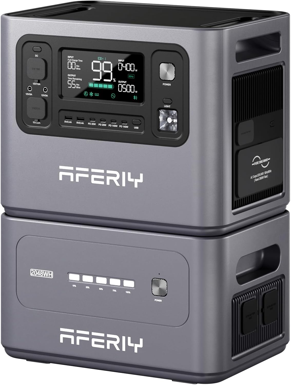 AFERIY 2025 Set 2800 W Kraftwerk 2048 Wh + 2048 Wh Erweiterungsbatterie, 1,5 Stunden Schnellladung, 13 Ausgänge, reine Sinuswelle 230 V, USV, 4096 Wh Solargenerator für Camping/Home Office