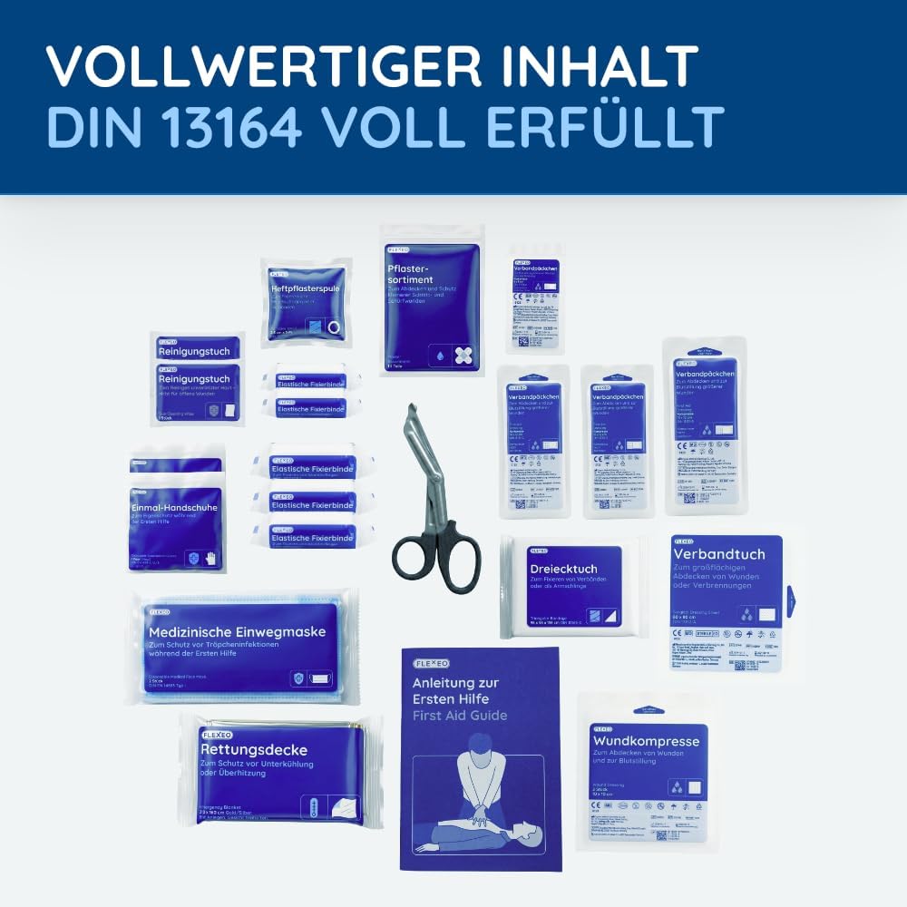 FLEXEO Auto-Verbandstasche inklusive Warndreieck und Sicherheitsweste nach aktueller DIN 13164 | Gültig für 2026, in Deutschland und der EU | Erste-Hilfe-Set für Auto/Auto | Rot | Inklusive Warndreieck, inklusive Warnweste, DIN 13164, gültig für 2026 – Bild 6