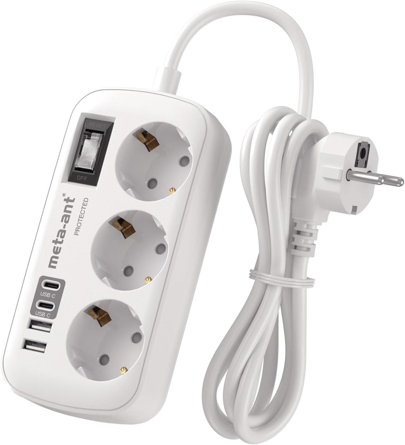 Steckdosenleiste mit USB, 3-fach Steckdosenleiste mit Überspannungsschutz, 4000 W, Steckdose mit 4 USB (2 USB-C), 1,5 m, Wandsteckdosenleiste für Zuhause, Büro, Weiß