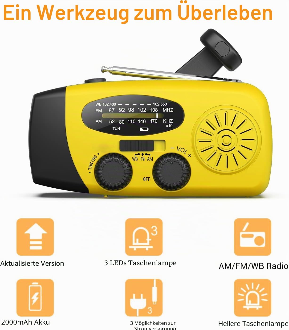 Solarradio, tragbares Kurbelradio, Dynamoradio mit AM/FM, Notfallradio mit Kurbel, 2000 mAh wiederaufladbare Powerbank, LED-Taschenlampe, USB-Handy-Ladegerät für Camping, Outdoor, Gelb – Bild 5