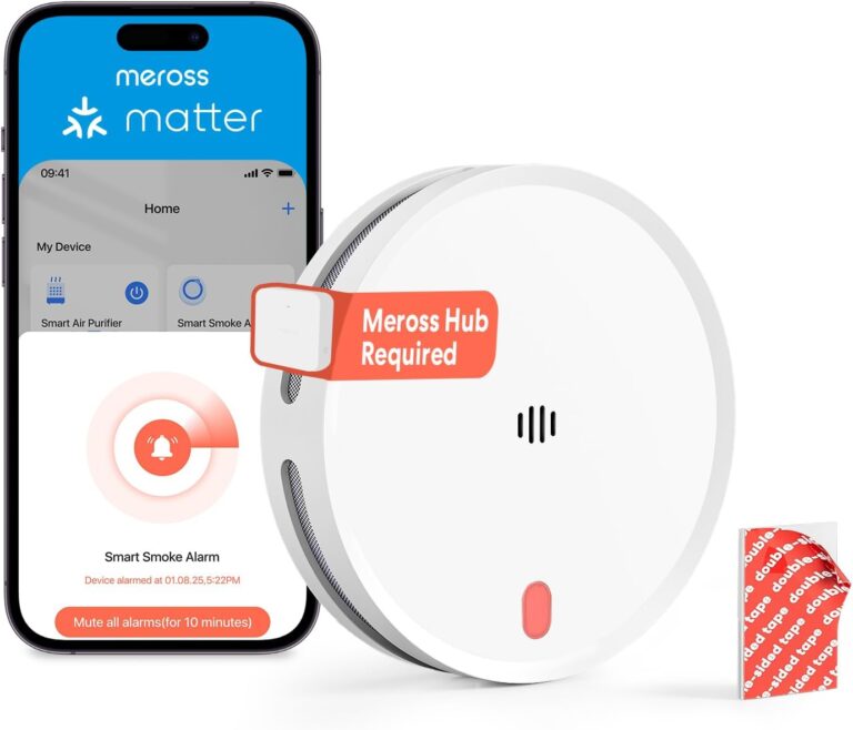 Meross WLAN Rauchmelder vernetzt mit App-Warnmeldung, Smarter Feuermelder mit Dual-Lichtsensor, Feuermelder mit 0,8 mm Insektennetz, 33 mm, Hub erforderlich, 1 Stück