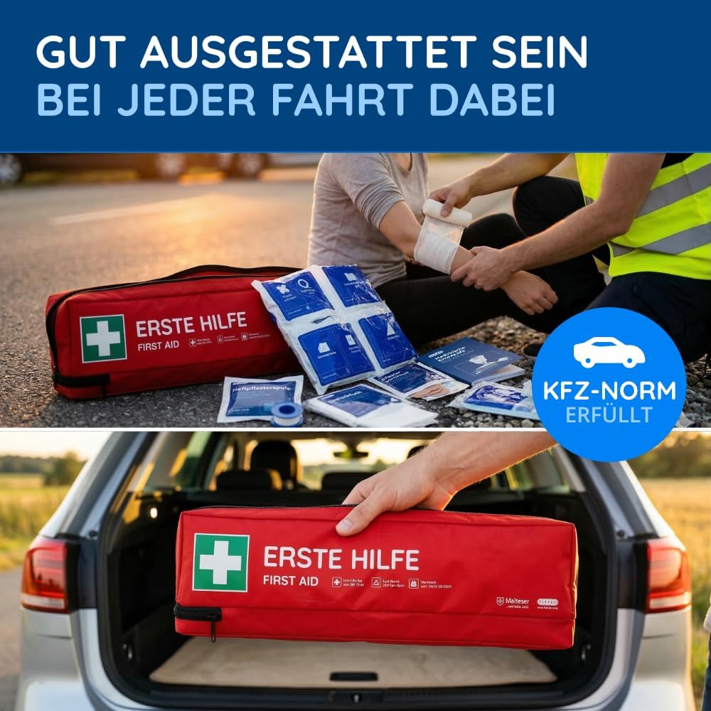 FLEXEO Auto-Verbandstasche inklusive Warndreieck und Sicherheitsweste nach aktueller DIN 13164 | Gültig für 2026, in Deutschland und der EU | Erste-Hilfe-Set für Auto/Auto | Rot | Inklusive Warndreieck, inklusive Warnweste, DIN 13164, gültig für 2026 – Bild 8