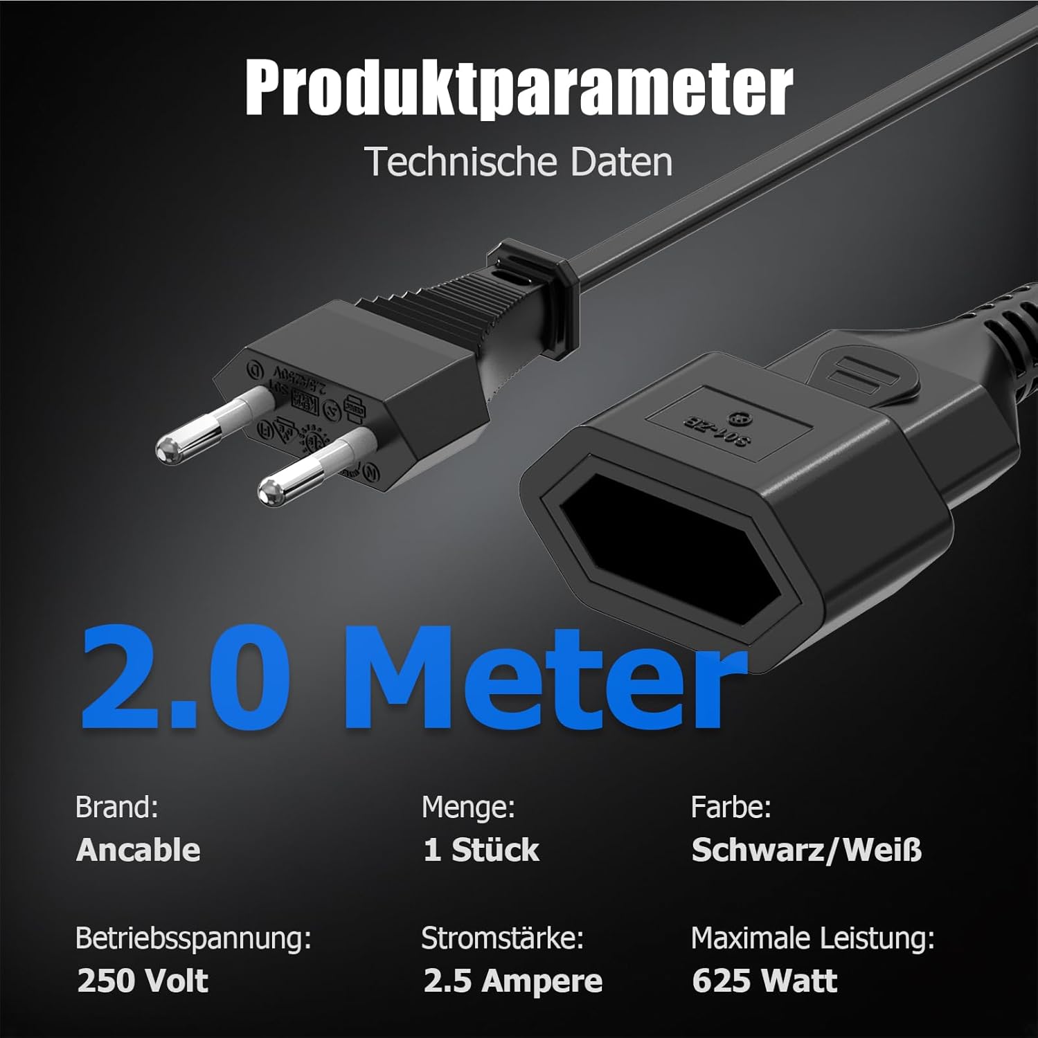 Stromkabel Verlängerungskabel, Ancable 2m Verlängerungskabel flach, VDE-zertifiziert, Eurostecker Typ C auf Eurosteckdose, Verlängerungskabel Netzkabel für TV, Monitor, Haushaltsgeräte, Schwarz – Bild 6