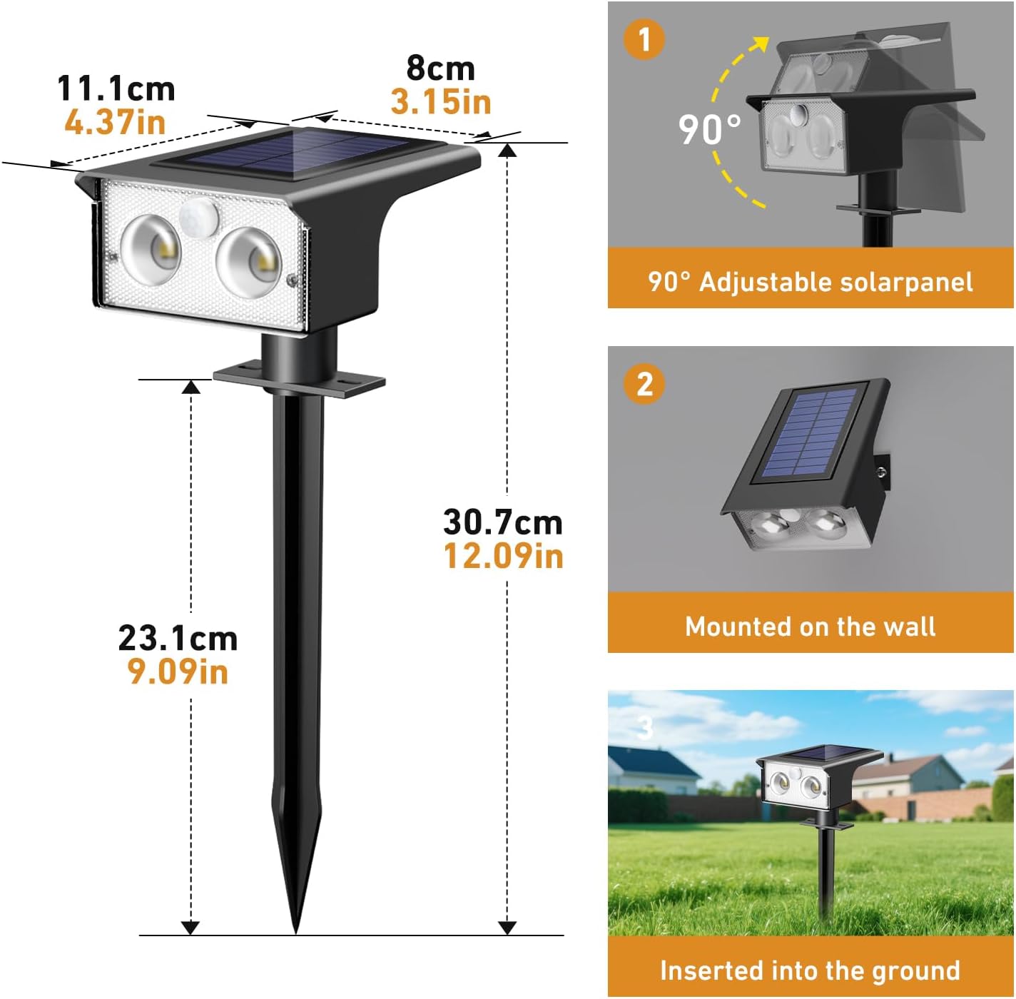 btfarm 2 Stück Solarleuchten für den Außenbereich mit Bewegungsmelder, 3 Modi Solarstrahler für den Außenbereich Garten IP65 Wasserdichter LED-Solarstrahler, 6500K Solarleuchten Außen für Eingang, Terrasse, Treppen, Kaltweiß – Bild 6