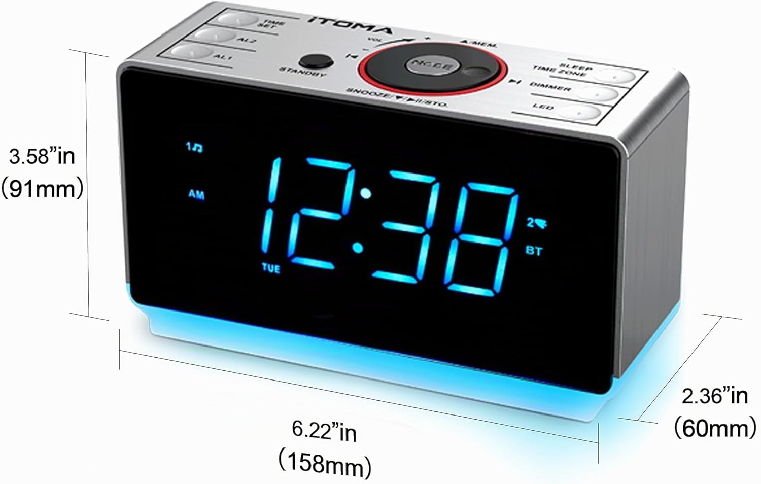 iTOMA Radiowecker mit kabellosem Bluetooth, digitales UKW-Radio, Dual-Alarm mit Schlummerfunktion, 4-Stufen-Dimmer, Handy-USB-Ladefunktion, Nachtlicht, Backup mit Batterie bei Stromausfall (CKS708BT) – Bild 7