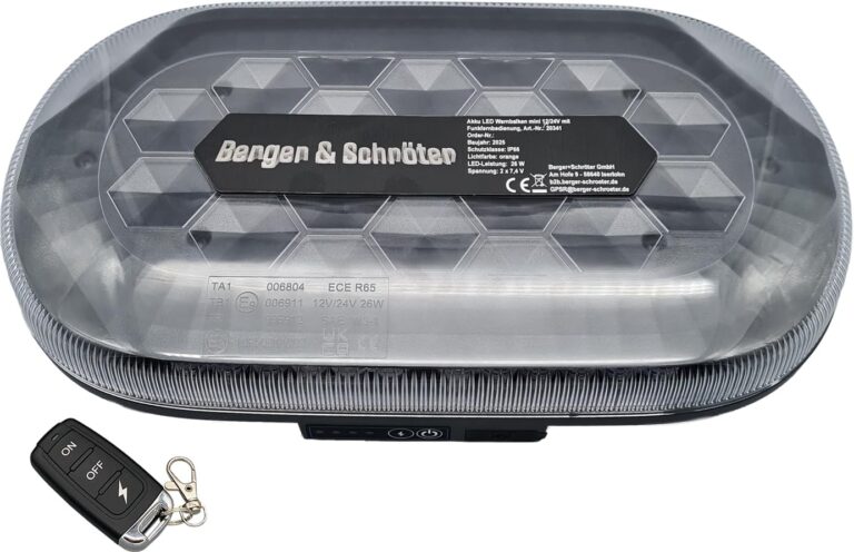 Berger & Schröter Akku LED Mini Warnbalken magnetisch 12/24V Warnleuchte, Fernbedienung per Funkfernbedienung, 4000 mAh, 7 Blinkmuster, wiederaufladbare Warnleuchte für Auto, LKW, Traktor
