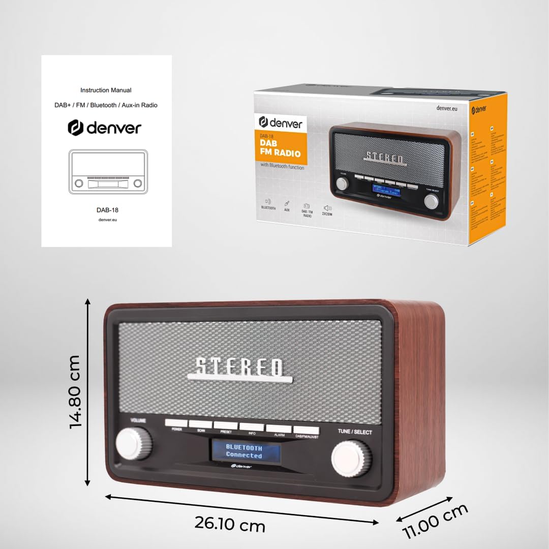 Denver DAB-18 DAB+ Digitales Retroradio | DAB Plus & FM & Bluetooth, 2 x 20 W Stereolautsprecher, LCD-Display, Alarmfunktion, Netzstecker – Bild 3