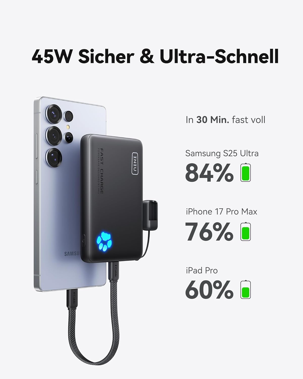 INIU Powerbank, kleine 45W Schnellladung 10000mAh Powerbank mit abnehmbarem USB-C-Kabel, geeignet für Fliegen & Reisen Essential, externe Handy-Akkus für iPhone 17 16 15 Pro, Samsung S25, Xiaomi, iPad usw – Bild 3