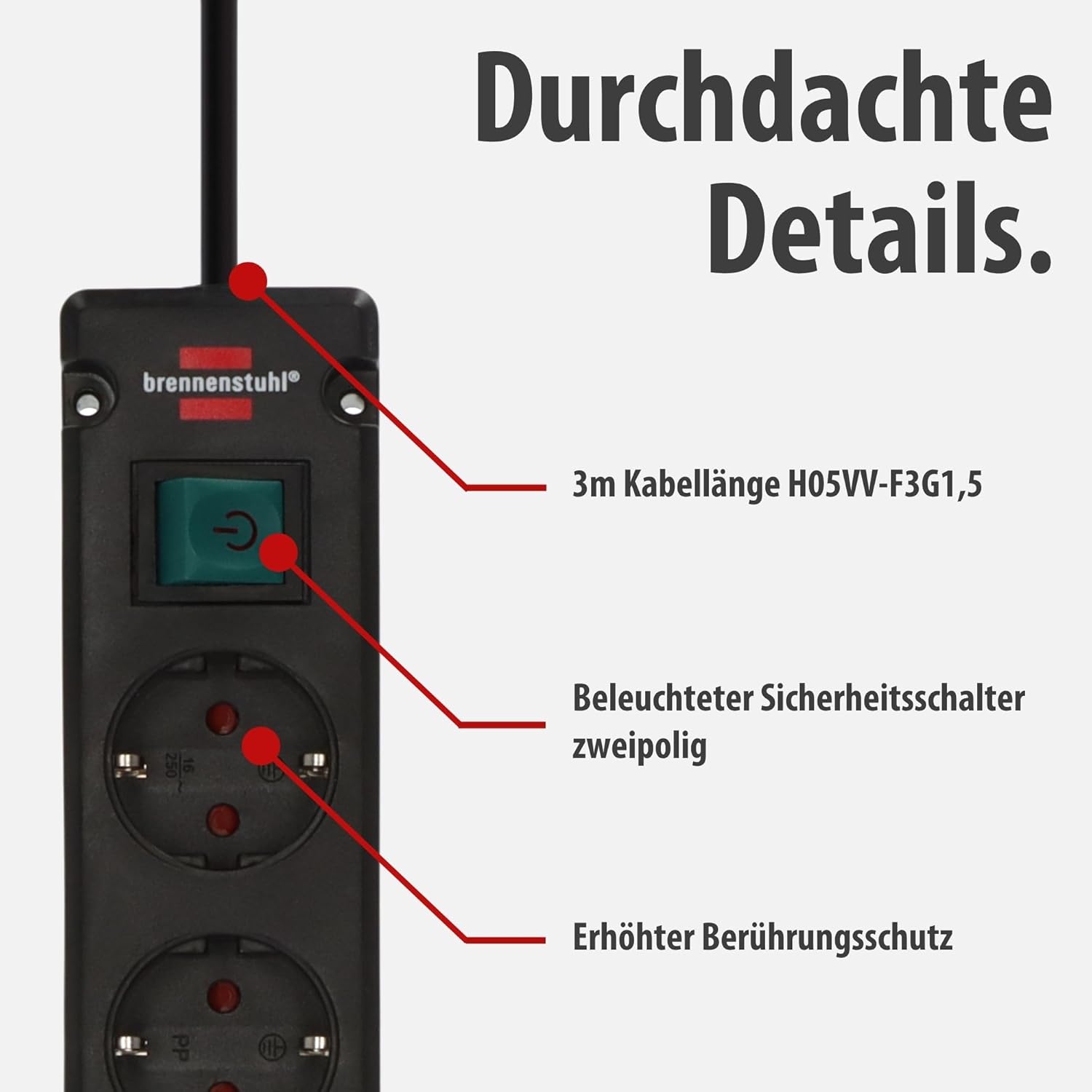 Brennenstuhl Bremounta Steckdosenleiste, 5-fach Steckdosenleiste mit USB-Ladefunktion (Mehrfachsteckdose mit 90-Grad-Steckdosen, Steckerleiste mit Montagemöglichkeit und 3 m Kabel), schwarz | Mehrfachsteckdose mit 90-Grad-Steckdosen, Steckdosenleiste mit Schalter, Montagemöglichkeit und 3 m Kabel, schwarz – Bild 4