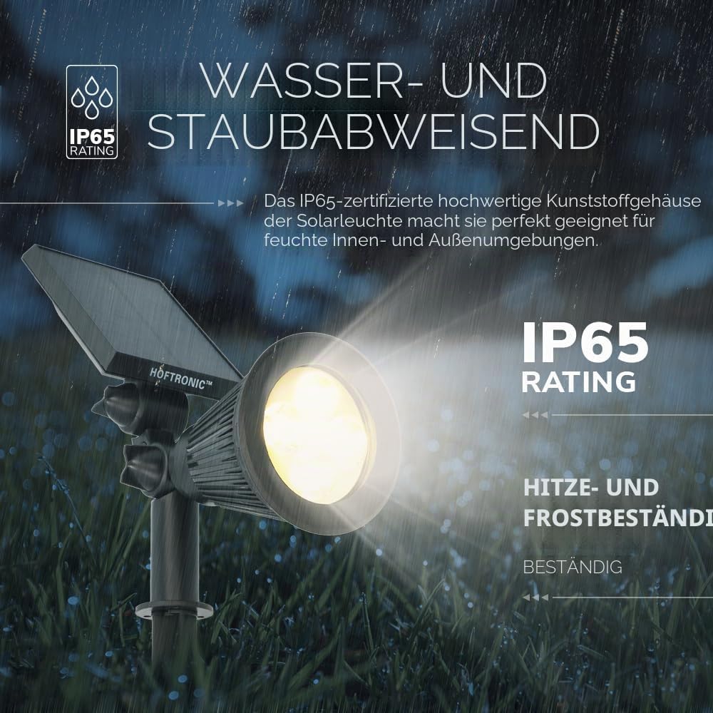 HOFTRONIC - Solar-Gartenstrahler Bend, IP65 wasserdicht, 3000 K, Gartenleuchte, LED-Solarleuchten für den Außenbereich, Solarleuchte, Erdspieß, Wegeleuchte mit Winter-Solarpanel, warmweiß, Garten-Solarstrahler – Bild 7