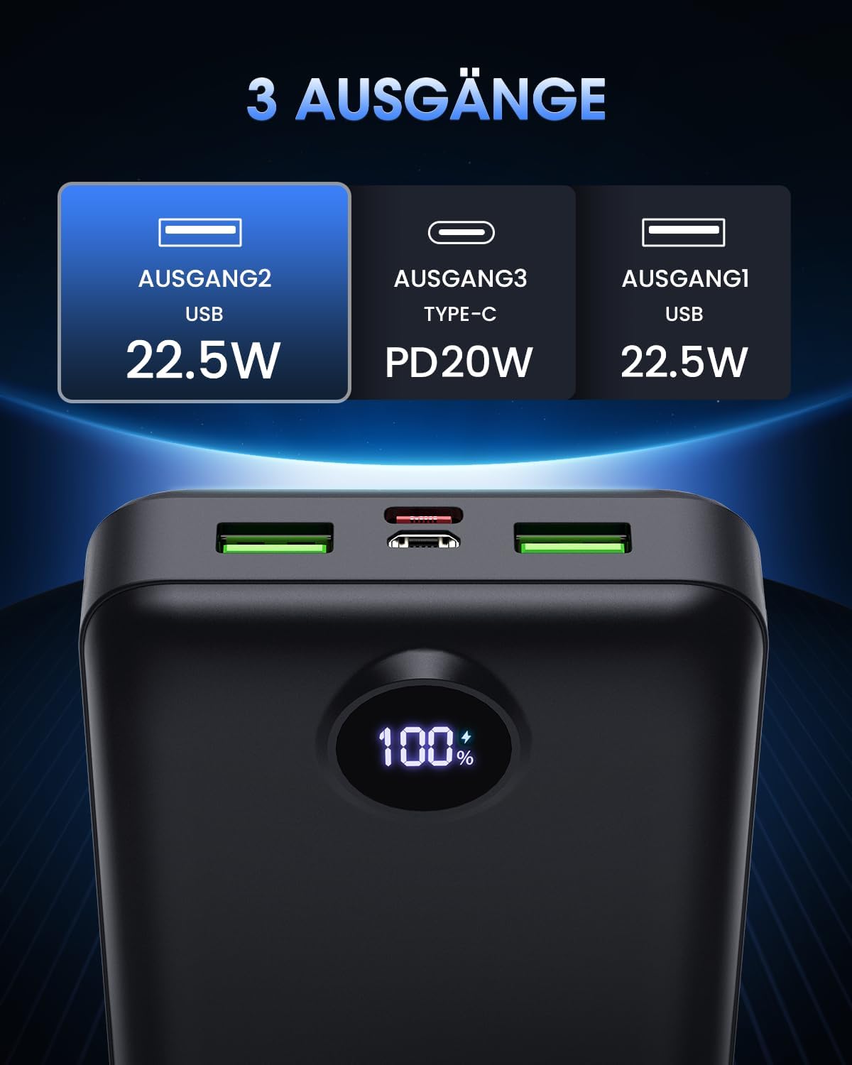 PowerBank 50.000 mAh, große Kapazität, 3-in-1-Ladekabel, 22,5 W, externer Schnellladeakku, USB-C 3 Ausgänge und 2 Eingänge, LED-Anzeige, Powerbank, kompatibel mit iPad, iPhone, Android usw. Schwarz – Bild 3