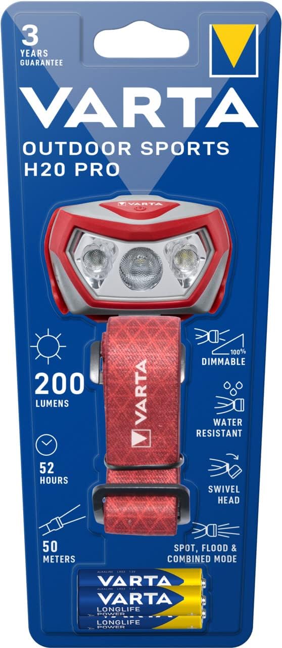 VARTA Outdoor Sports H20 Pro LED-Stirnlampe mit 3 x AAA-Batterien, 3 Leuchtmodi, spritzwassergeschützt, Dimmfunktion, mit schwenkbarem Kopf, rot – Bild 2