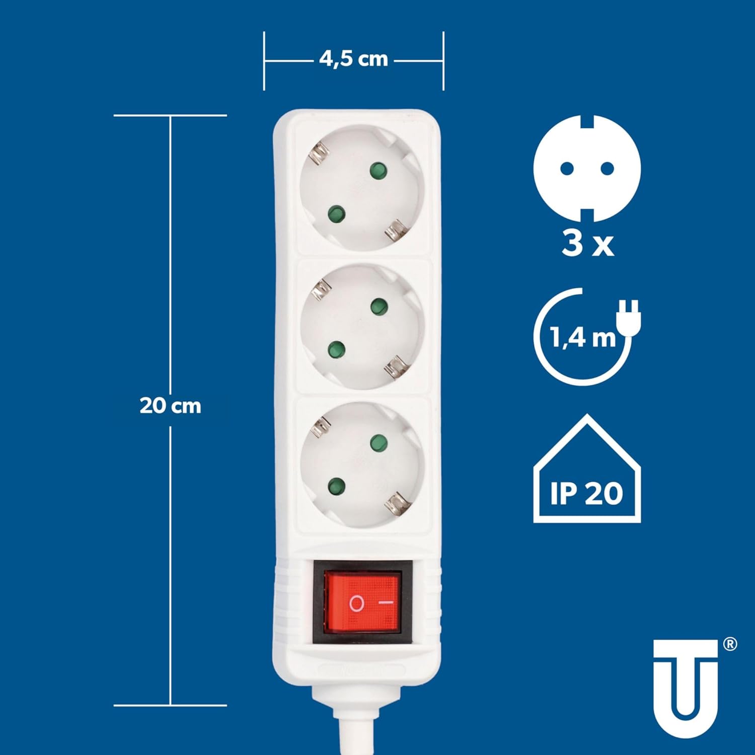 Unitec Steckdosenleiste 3-fach mit Schalter, 1,4 m. Weiß, 445211. – Bild 3