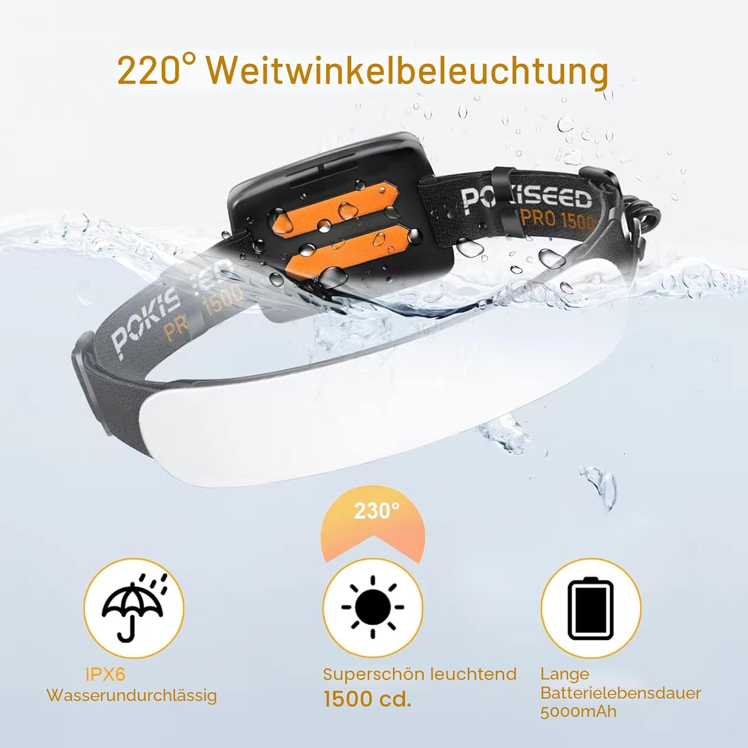 POKISEED Stirnlampe LED wiederaufladbar, 1500 Lumen mit 230° Weitwinkel für breite Ausleuchtung, Stirnlampe Joggen, USB C 5000mAh Akku, Kopflampe Stirnlampe aufladbar, für Stirnlampe Laufen, Camping – Bild 4