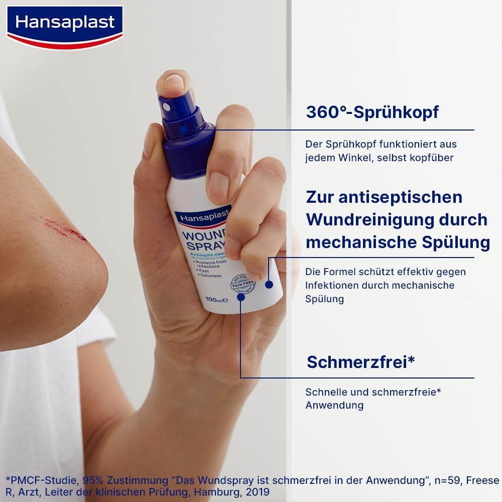 Hansaplast Wundspray 1er Set (50 ml) zur antiseptischen Wundreinigung, Wunddesinfektionsspray für empfindliche Haut, farblose Wunddesinfektion | Antiseptische Wundreinigung, mechanische Spülung, Schutz vor Wundinfektionen, farblos, hautfreundlich – Bild 4