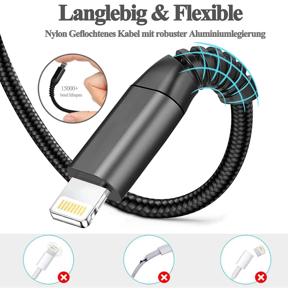 iPhone-Ladekabel, Lightning-Kabel (2er-Pack 2 m + 1 m), iPhone-Schnellladekabel, MFi-zertifiziertes iPhone-Kabel, Nylon, schnelles USB-Ladekabel für iPhone 14 Pro 13 Pro Max 12 11 XS Max XR X 8 7 6 6s Plus SE 2020 – Bild 6