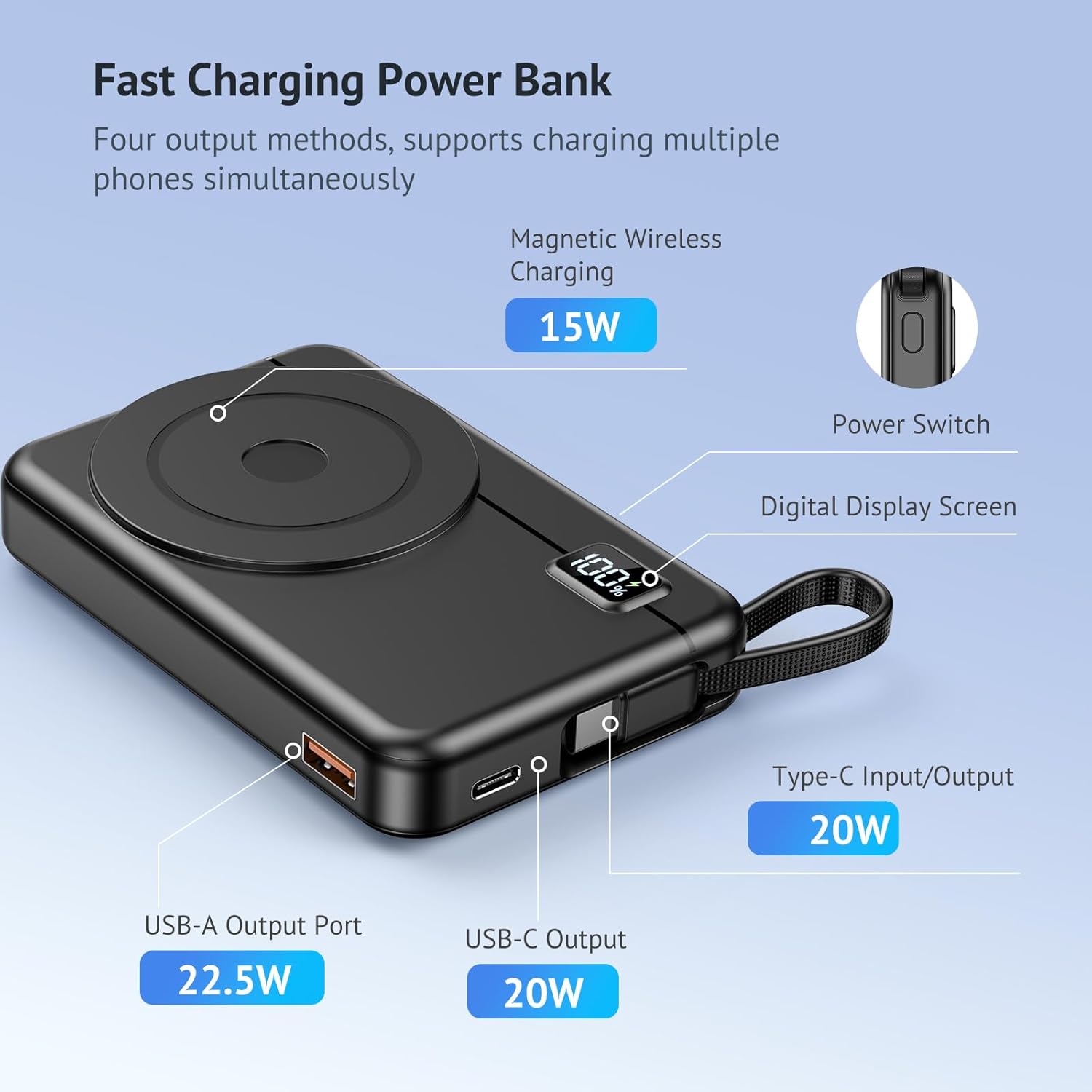 Powerbank für Magsafe10000 mAh 22,5 W magnetisch – Kabellose externe Handy-Akkus mit Typ-C-Eingang und -Ausgang USB-C, LED-Anzeige kompatibel mit iPhone 17 16 15 14 13 12 Pro Max-Serie – Bild 4
