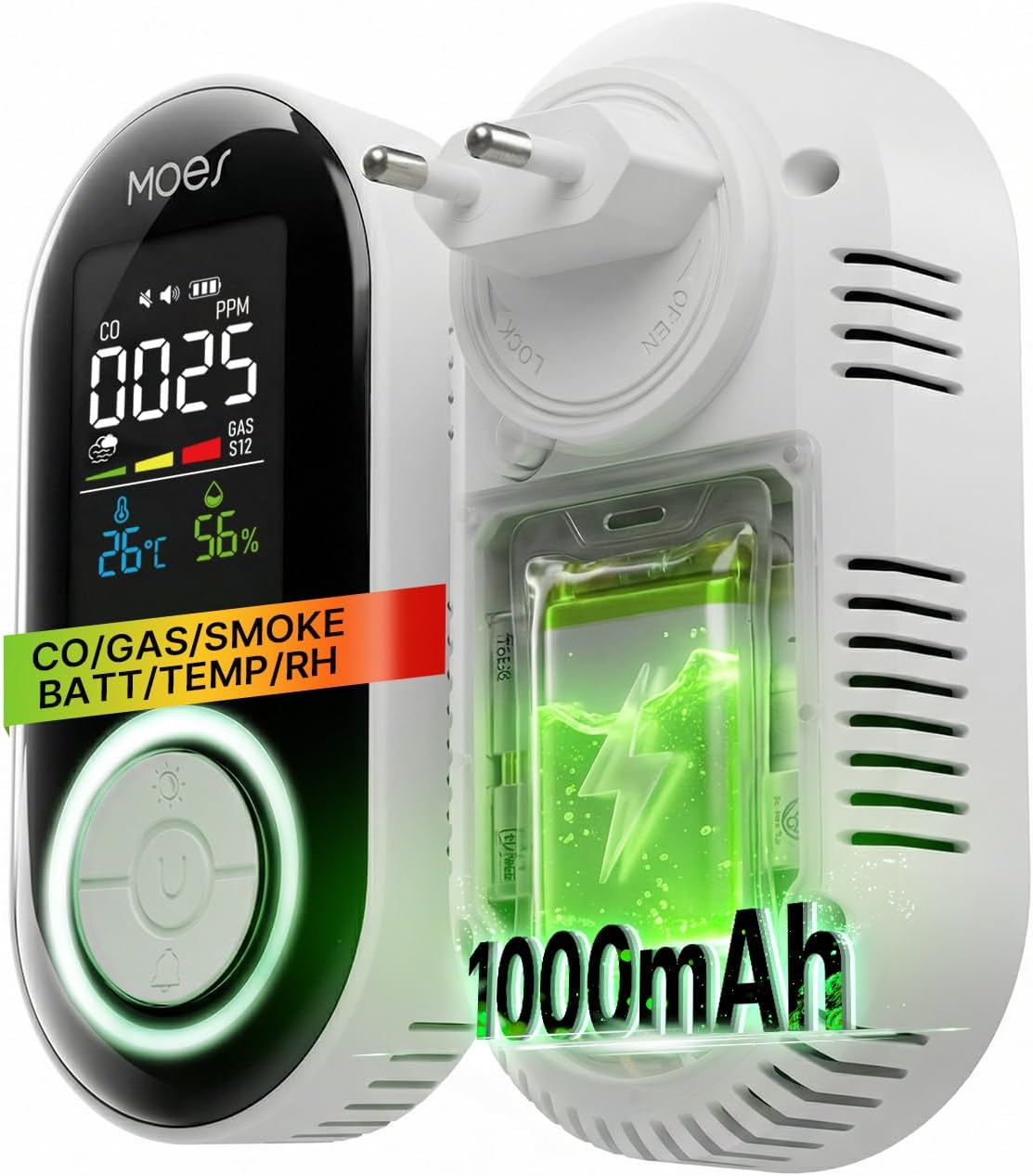 MOES 5-in-1 Gas-, Rauch- und Kohlenmonoxidmelder für die Steckdose mit 10-Jahres-Sensor & 1000 mAh Batterie, CO, Gasmelder, Rauchmelder mit Temperatur/Luftfeuchtigkeit, Alarm für Haus und Wohnmobil