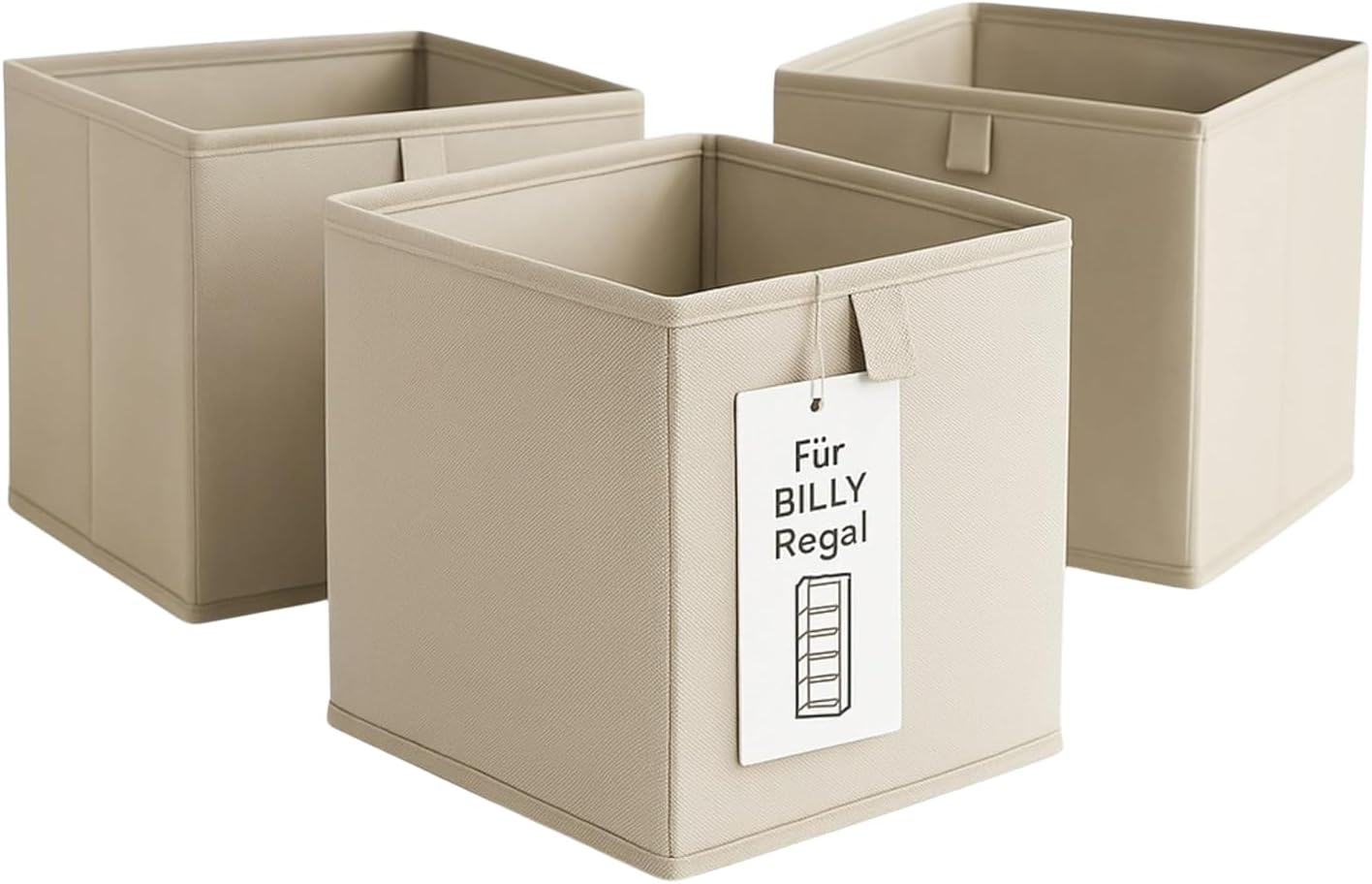 Set mit 3 Aufbewahrungsboxen für Billy-Regale in Beige – 24 x 24 x 24 cm, faltbar mit Stoffschlaufe für Bücherregal, stabile Stoffbox für Organisation