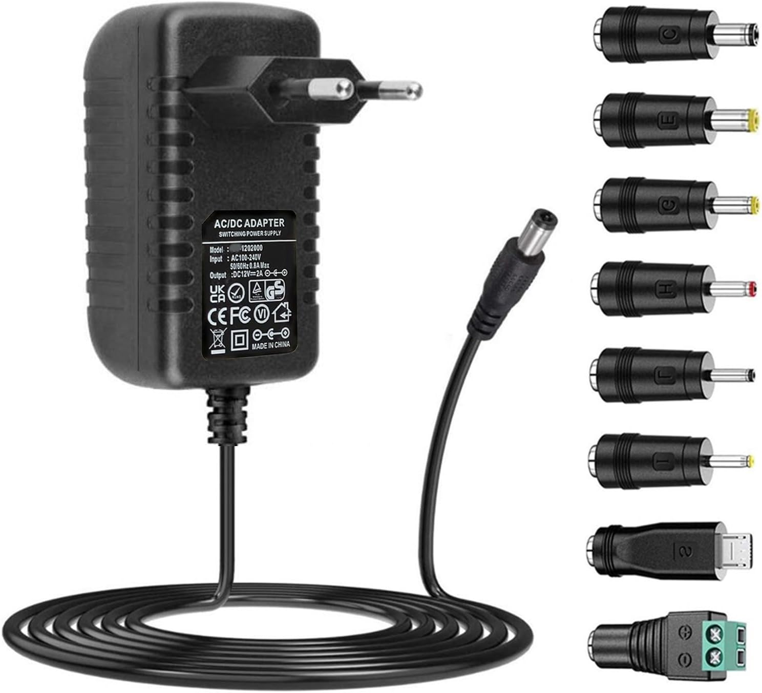 AC-Adapter 12 V 2 A Netzteil AC 220 V auf DC12 V 500 mA 1000 mA 1500 mA 2000 mA Leistungstreiber 5,5 mm mit 8 DC-Steckeradaptern Wechselrichter Ladegerät Transformator AC-DC-Adapter (DC12V~2A)