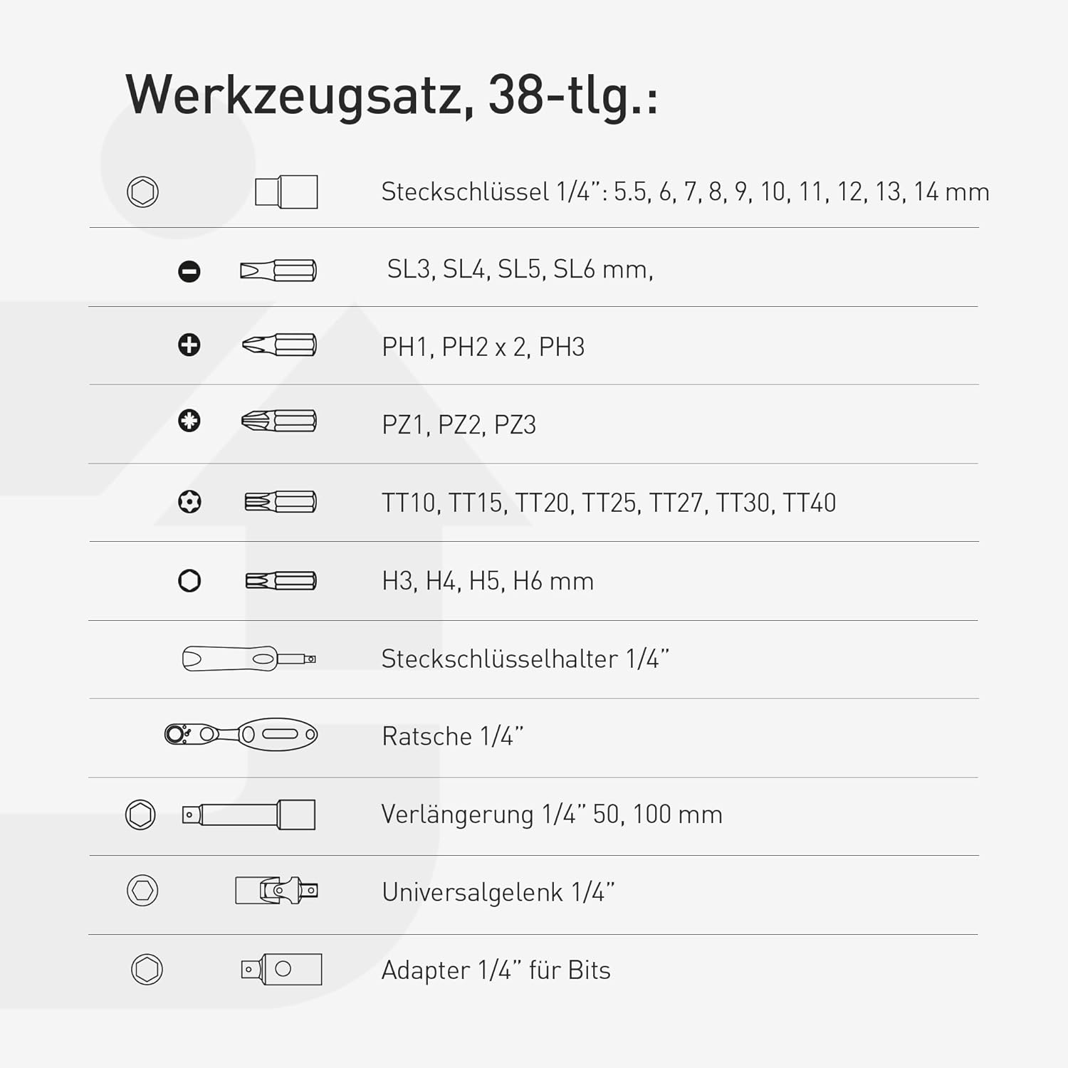 Högert HT1R462 Werkzeugset Werkzeugkoffer, Steckschlüsselsatz, Schraubendreher, Ratsche, Schwarz/Blau, 1/4 Zoll, 38-tlg – Bild 4
