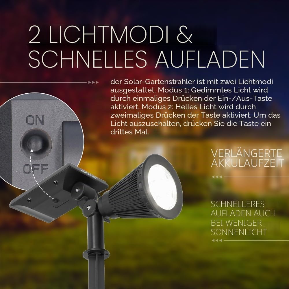 HOFTRONIC - Solar-Gartenstrahler Bend, IP65 wasserdicht, 3000 K, Gartenleuchte, LED-Solarleuchten für den Außenbereich, Solarleuchte, Erdspieß, Wegeleuchte mit Winter-Solarpanel, warmweiß, Garten-Solarstrahler – Bild 8