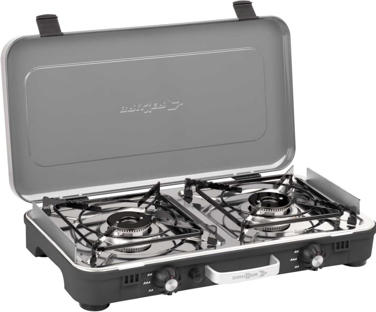 BRUNNER Devil Kookmaster Camping Gaskocher Doppelbrenner mit 30 oder 50 mbar | Tisch Camping-Kocher 2-flammig Edelstahl Gasgrill & Gaskocher 50mbar - Gasregler + Gaschlauch 1 Meter