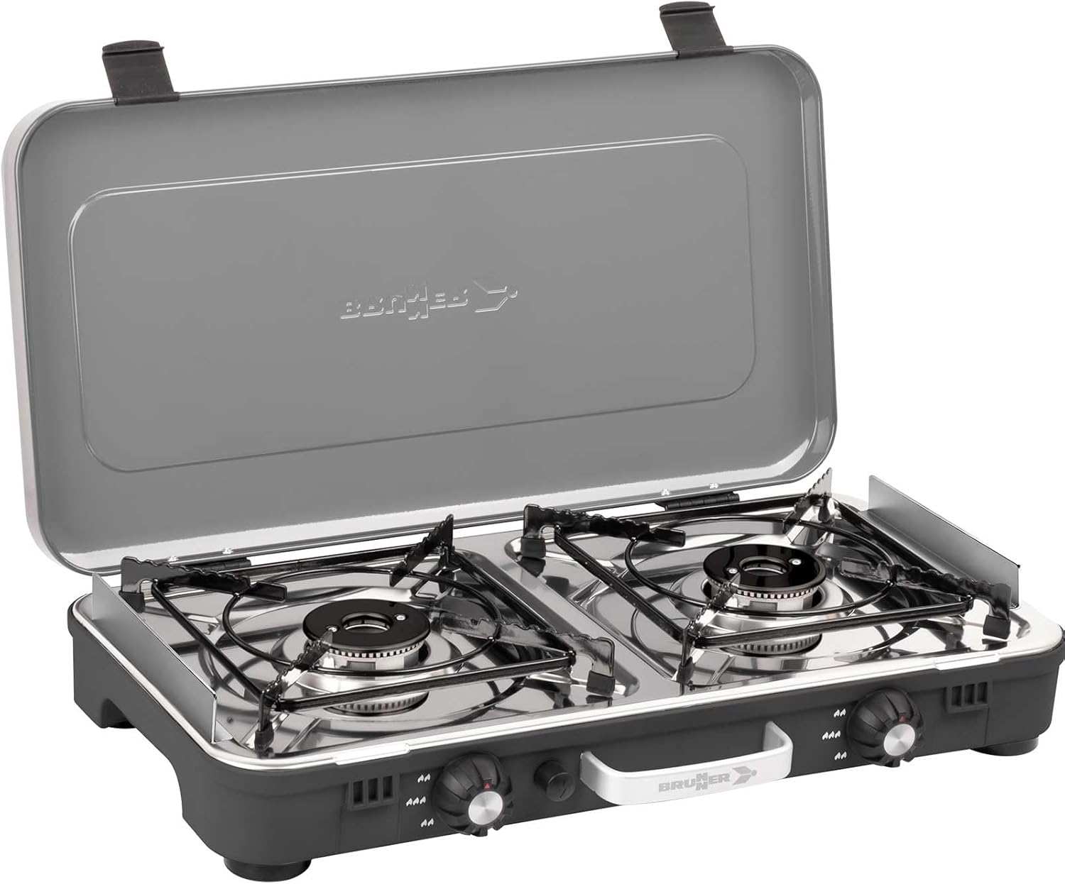 BRUNNER Devil Kookmaster Camping Gaskocher Doppelbrenner mit 30 oder 50 mbar | Tisch Camping-Kocher 2-flammig Edelstahl Gasgrill & Gaskocher 50mbar - Gasregler + Gaschlauch 1 Meter