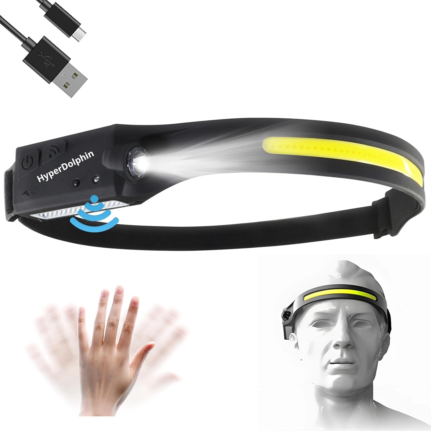 Wiederaufladbare LED-Stirnlampe mit breitem Strahl, 350 Lumen, 5 Modi, Bewegungssensor, Typ-C-USB, wasserdicht, 230°-Beleuchtung, leicht und komfortabel – ideal zum Laufen, Angeln, Radfahren, Camping