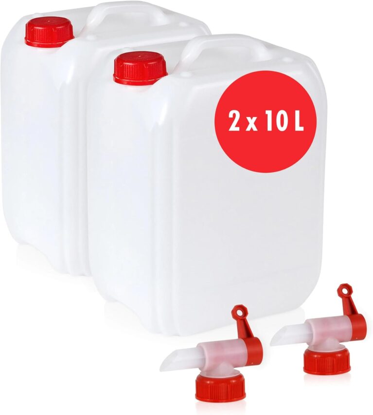 Höfer Chemie 2 x 10 L Wasserkanister-Set, weiß, ideales Campingzubehör für Flüssigkeiten, mit Ablasshahn und Schraubverschluss