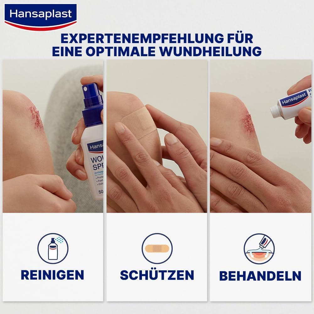 Hansaplast Wundspray 1er Set (50 ml) zur antiseptischen Wundreinigung, Wunddesinfektionsspray für empfindliche Haut, farblose Wunddesinfektion | Antiseptische Wundreinigung, mechanische Spülung, Schutz vor Wundinfektionen, farblos, hautfreundlich – Bild 5