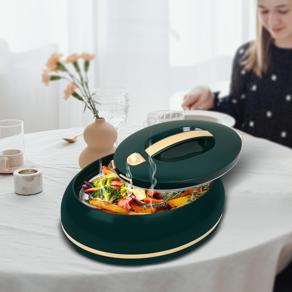Eleganter großer ovaler Thermobehälter, Deckel praktisch zu öffnen, 3 Liter, luxuriöser Hot Pot/Kühler, Thermo-Servierschüssel für Buffet/Partys, Edelstahl, Warmhaltebehälter, dunkles Kiefernholz – Bild 7