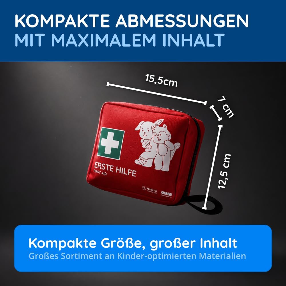 FLEXEO Erste-Hilfe-Set für Kinder, 76-teiliges Reiseapotheke inkl. Markengel, Zeckenzange, Motivpflaster, Fingerpuppe & Tapferkeitsaufkleber, Erste-Hilfe-Tasche Baby, Kleinkind, Unterwegs & Zuhause – Bild 3