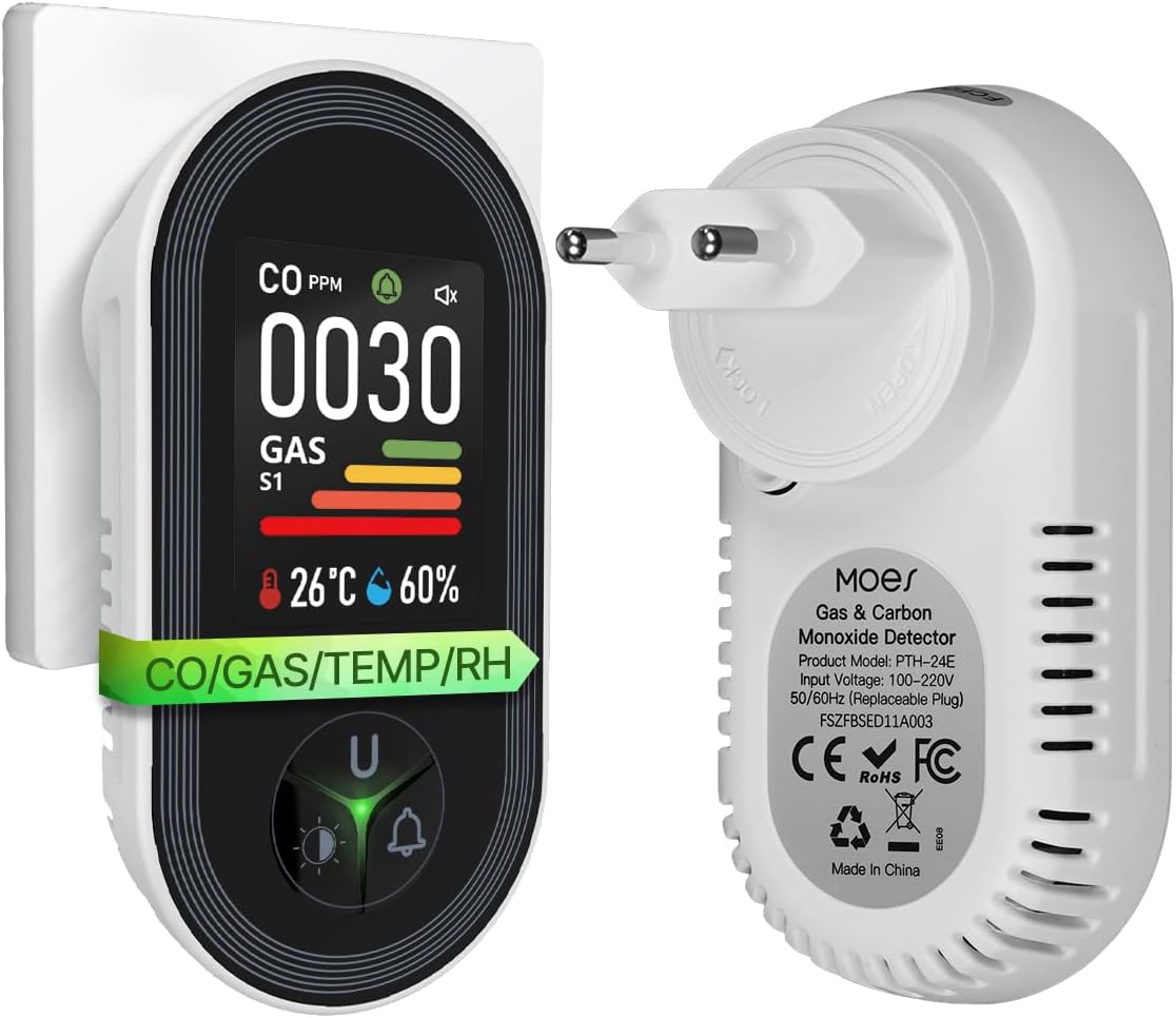 MOES Kohlenmonoxid- und Gasdetektor mit Stecker, 4-in-1-CO-Detektor mit Temperatur- und Feuchtigkeitssensor, mit akustischem Alarm für Flüssiggas, Propan, Methan, Ethan und CO – geeignet für Zuhause und Wohnmobil