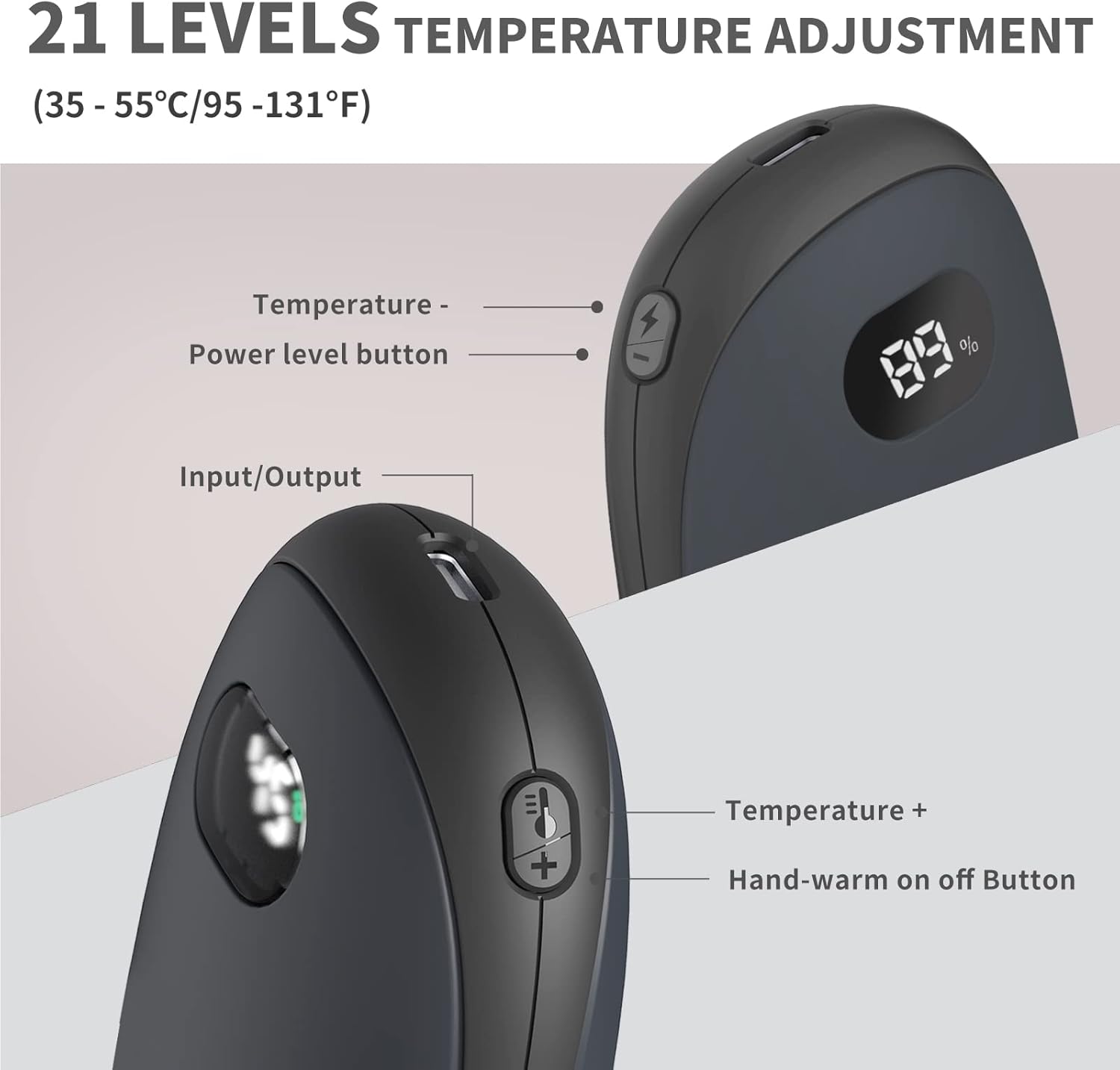 Unigear Wiederaufladbarer Handwärmer, 5200 mAh, wiederverwendbarer elektrischer Handwärmer, Powerbank, tragbar, USB, mit kostenlosen Heizeinstellungen von 35–55 °C und digitalem Bildschirm, Wärme für Raynauds Outdoor-Wandern | Wiederverwendbarer Taschenwärmer mit USB, freie Heizstufen 35-55 °C, tragbar für Outdoor-Wandern, Wärme bei kalten Händen – Bild 2