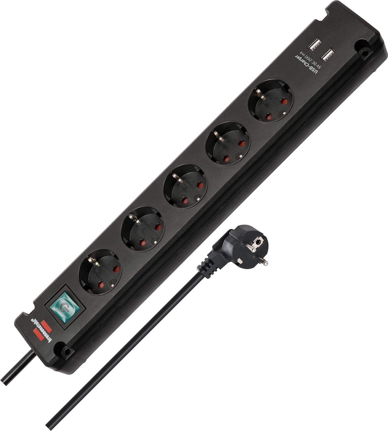 Brennenstuhl Bremounta Steckdosenleiste, 5-fach Steckdosenleiste mit USB-Ladefunktion (Mehrfachsteckdose mit 90-Grad-Steckdosen, Steckerleiste mit Montagemöglichkeit und 3 m Kabel), schwarz | Mehrfachsteckdose mit 90-Grad-Steckdosen, Steckdosenleiste mit Schalter, Montagemöglichkeit und 3 m Kabel, schwarz