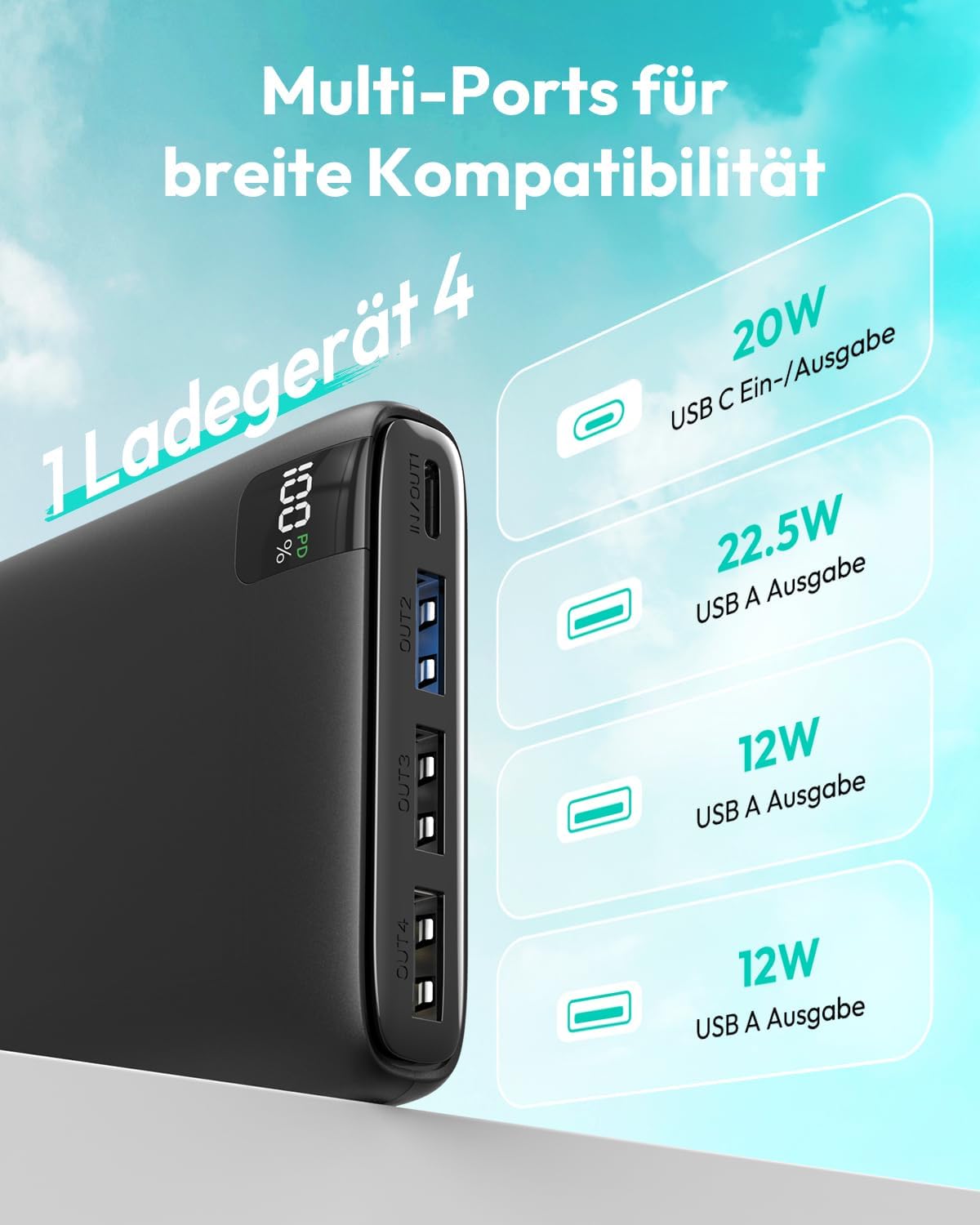 A ADDTOP Powerbank 20000 mAh – 22,5 W Schnellladefunktion Powerbank mit 4 Ausgängen, externe Handy-Akkus PD3.0 QC4.0 USB C-On/Off, kleines tragbares Ladegerät für iPhone, Galaxy, Tablet – Bild 7