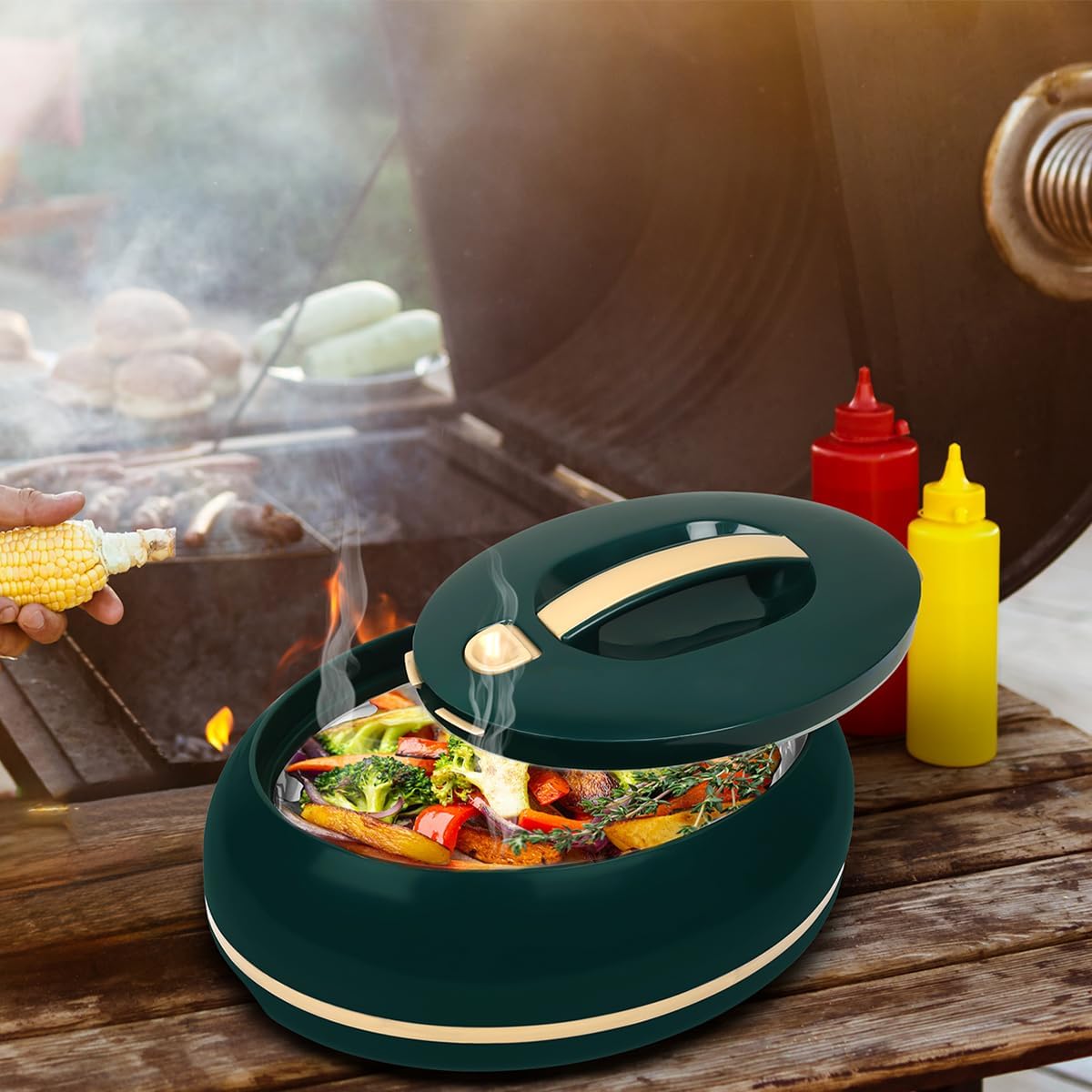 Eleganter großer ovaler Thermobehälter, Deckel praktisch zu öffnen, 3 Liter, luxuriöser Hot Pot/Kühler, Thermo-Servierschüssel für Buffet/Partys, Edelstahl, Warmhaltebehälter, dunkles Kiefernholz – Bild 4