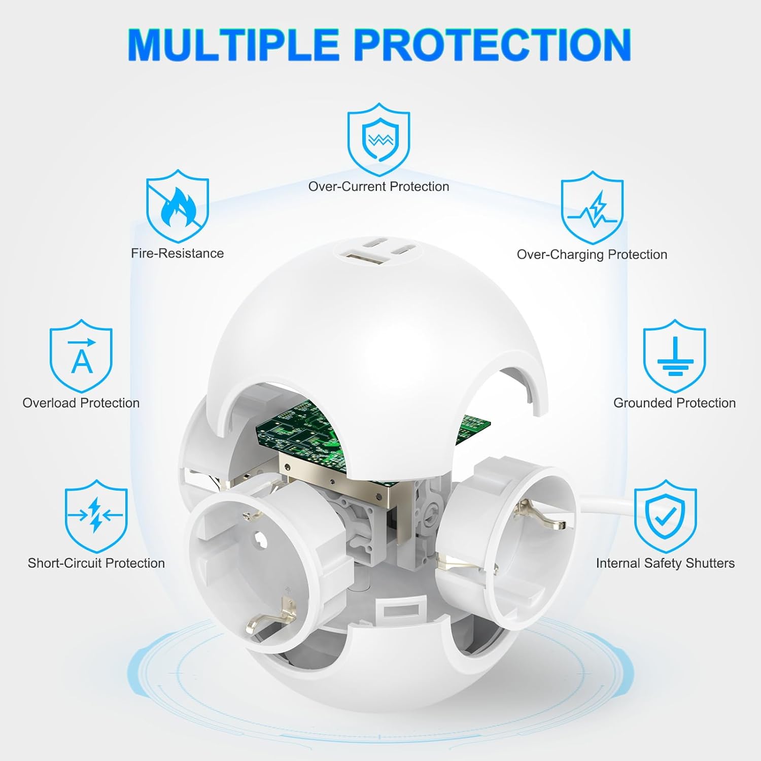 PD 25W Steckdosenleiste Cube mit 1 USB A und 2 USB C, Steckdosenleiste mit 3-fach Steckdosenadapter, Kugelsteckdose mit 2m Kabel (3680W 16A für Bürosteckdosen, weiß) – Bild 5