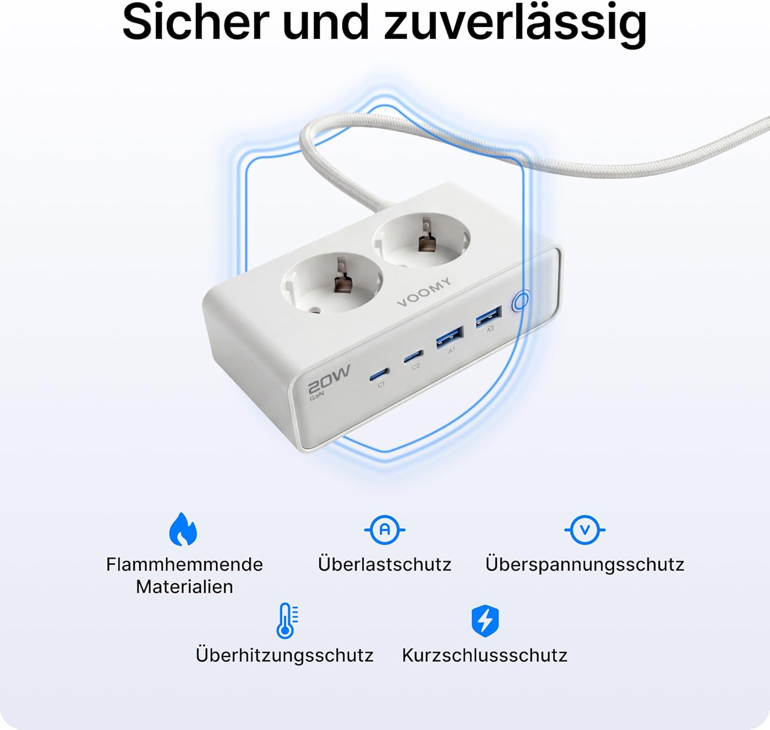 Voomy Mehrfachsteckdose mit 20W USB-Anschlüssen, Überspannungsschutz, Überlast- & Kurzschlussschutz, Sicherheitsverschluss, 2 Meter (weiß) – Bild 5