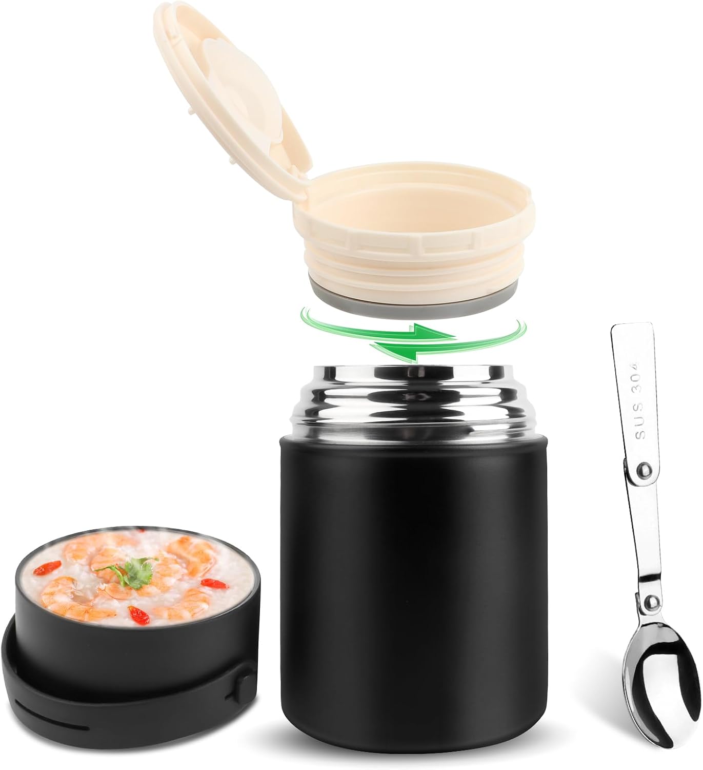 VMUTGA Thermobehälter 850 ml, Warmhaltebehälter aus Edelstahl, Müsli to go, Thermobox für das Mittagessen, Edelstahl-Thermobehälter für Lebensmittel mit faltbarem Löffel (schwarz)