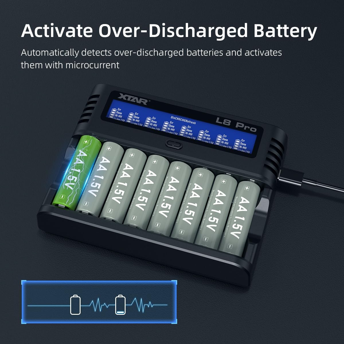 XTAR L8 Pro 8-fach Ladegerät für AA/AAA 1,2 V NiMH und 1,5 V Li-Ion, USB-C Smart Charger mit LCD-Display, 8 Einzelschächte mit Refresh- und Reparaturfunktion – Bild 6