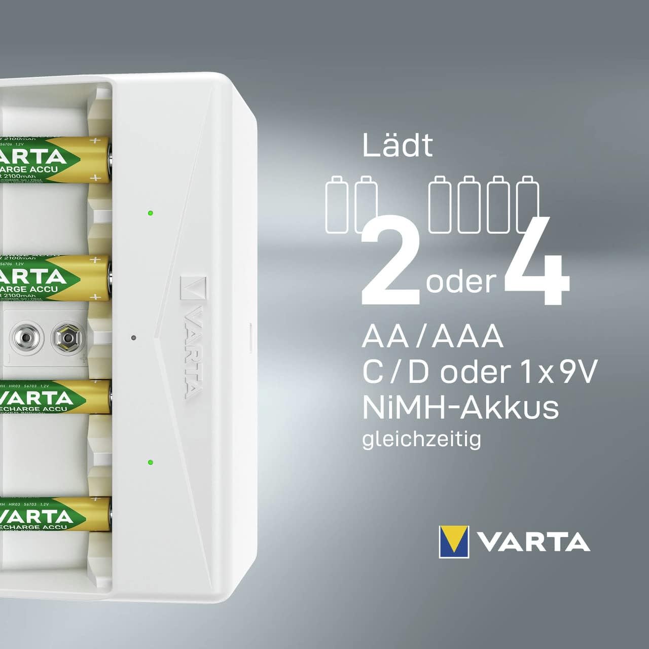 VARTA Batterieladegerät, Batterieladegerät für wiederaufladbare Batterien, lädt 2 oder 4 AA, AAA, C, D oder 1 x 9 V gleichzeitig, Universal-Ladegerät, mit Sicherheitsabschaltung, unbestückt | für wiederaufladbare NiMH-Akkus, Sicherheitsabschaltung, Überlade- und Verpolungsschutz, mit LED-Ladeanzeige, kompaktes Gerät – Bild 8