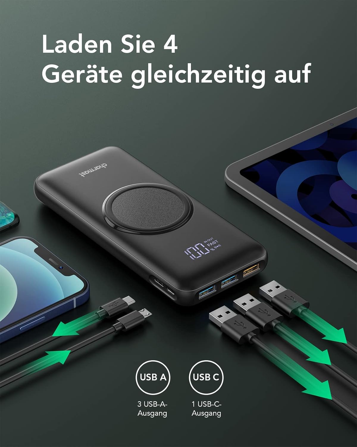 Charmast Power Bank, kabellose Powerbank, 20000 mAh, induktives Laden, 22,5 W | 15W Kabellose, PD 20W Schnellladefunktion, USB C Externe Handyakkus, LED Display, Kompatibel mit iPhone Samsung Xiaomi etc – Bild 4