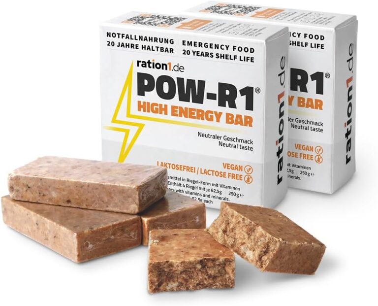 Ration1 Energieriegel, langlebige Notnahrung oder Snack zum Radfahren, Wandern, Outdoor, vegan & laktosefrei, POW-R1 Hochenergieriegel, 2er-Packung, enthält 2 x 4 einzelne Energieriegel